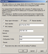 dhcp entry configuration